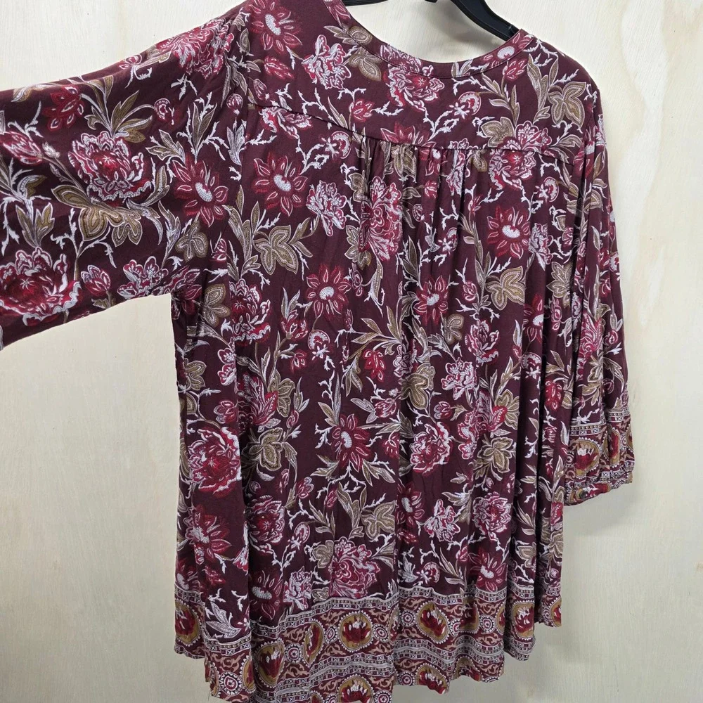 Lucky Brand Womens 3X Burgundy Floral Paisley 3/4 Sleeve Boho Tunic Blouse